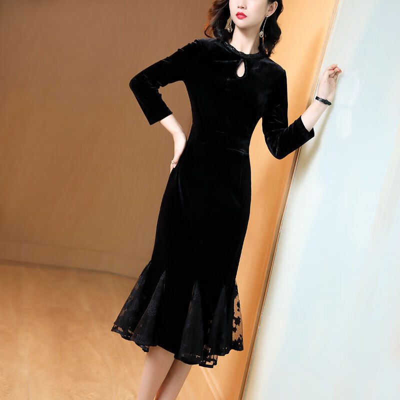 丙伦小个子金丝绒连衣裙年轻款高端金丝绒连衣裙2023春季新款气质修身