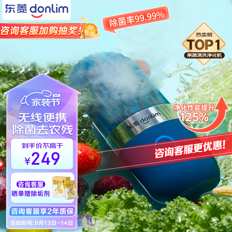 东菱（Donlim）胶囊果蔬清洗机升级款家用洗菜机蔬菜水果食材净化机器去农残消毒神器 无线便携 DL-1212静谧蓝