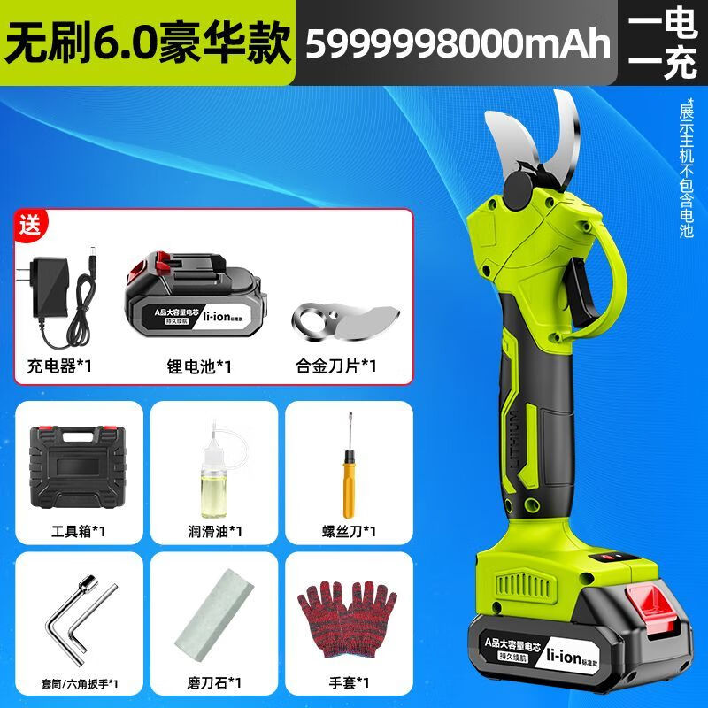鷹視安電動(dòng)修枝剪刀樹枝修剪果樹無(wú)線充電式鋰電剪刀園藝園林粗枝剪刀 6.0 1電池2刀+工具套+歸納箱