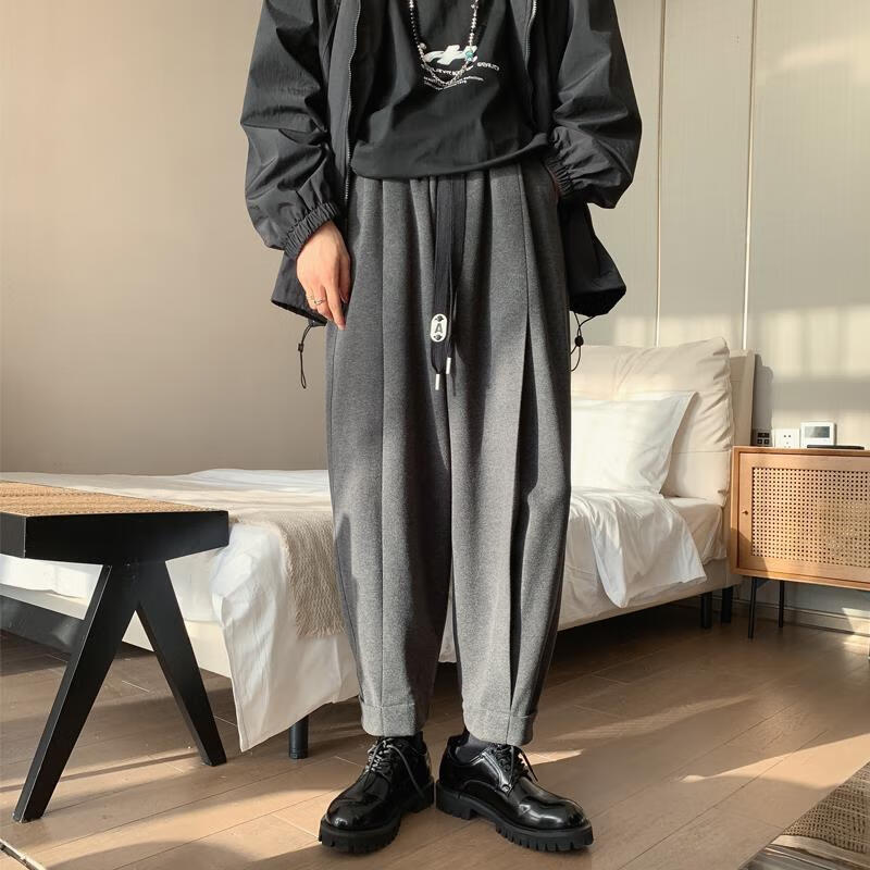 风衣马丁靴裤子魔术贴束脚裤子高级感毛呢哈伦萝卜裤裤男秋冬 深灰色