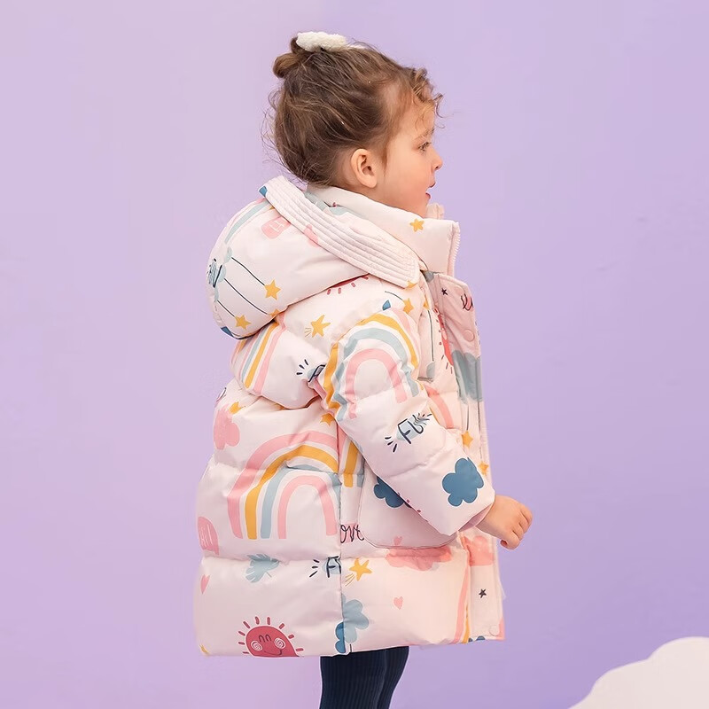 康博女童羽绒服中长款2024新款洋气韩版加厚冬季儿童女孩宝宝保暖外套 浅粉色 100