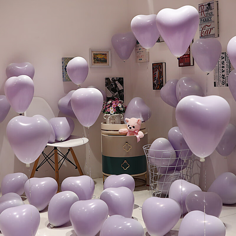 熊哲察爱心气球装饰紫色婚房心形飘空订婚摆件女孩用品场景布置 心形紫色50个已套好DIY场景布置