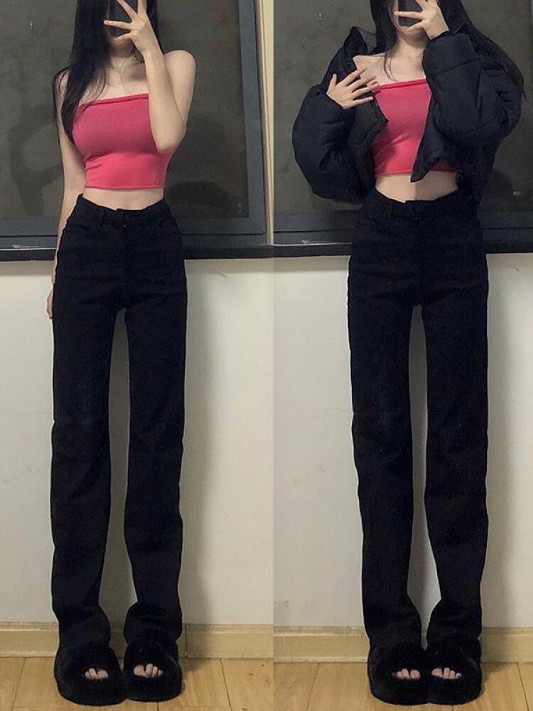 逗菁高个子女装170-175加长版直筒牛仔裤开叉180超长黑色牛仔裤女加长