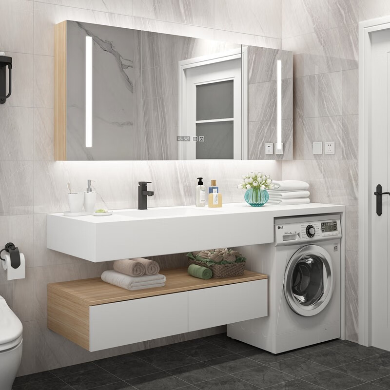 宾猎豹(benloebow)现代简约卫生间洗衣机浴室柜一体柜组合岩板无缝盆