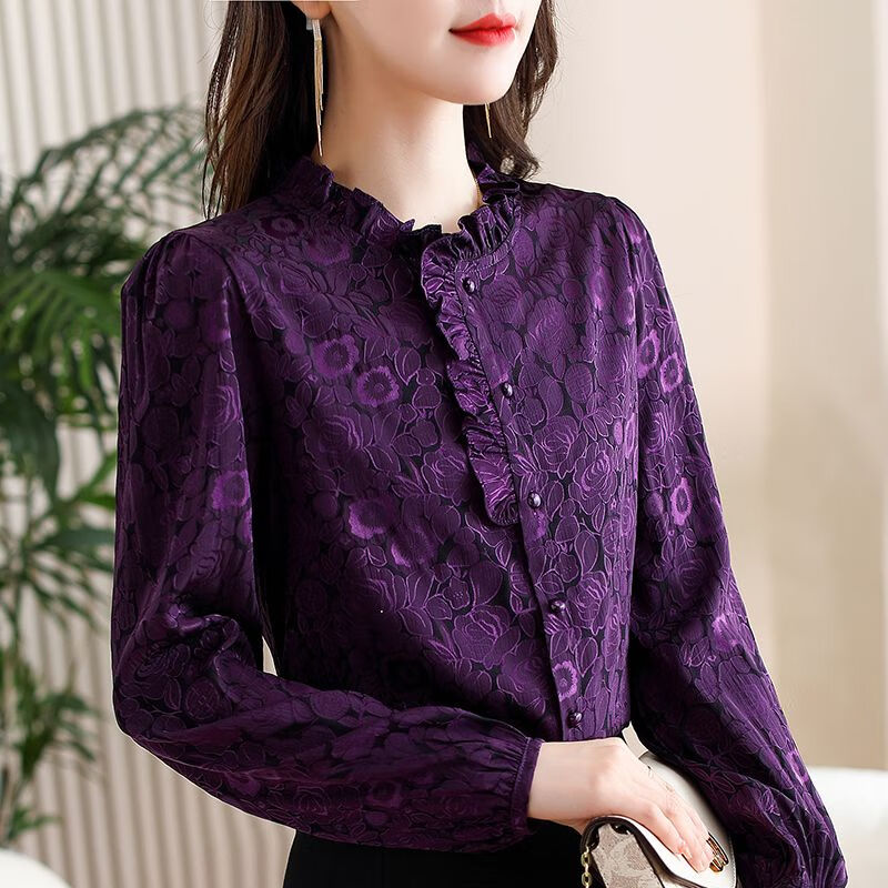 领衬衣女士夏天穿的雪纺衬衫圆领木耳花边印花雪纺衫长袖上衣女 紫色