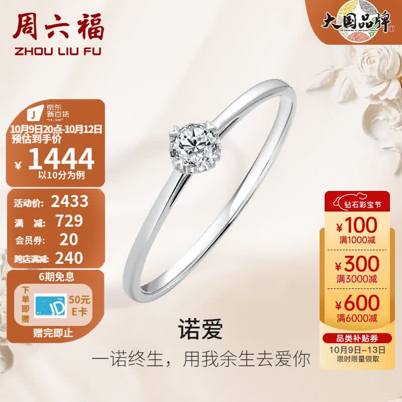 周六福(ZLF) PT950铂金钻石戒指女诺爱璀璨四爪订婚求婚结婚钻戒 10分 14号怎么看?