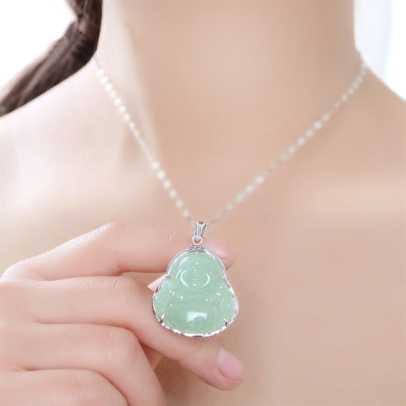 佛925银镶嵌大肚佛光挂件玉弥勒玉石吊坠 三钻佛吊坠( 水波纹银项链)h