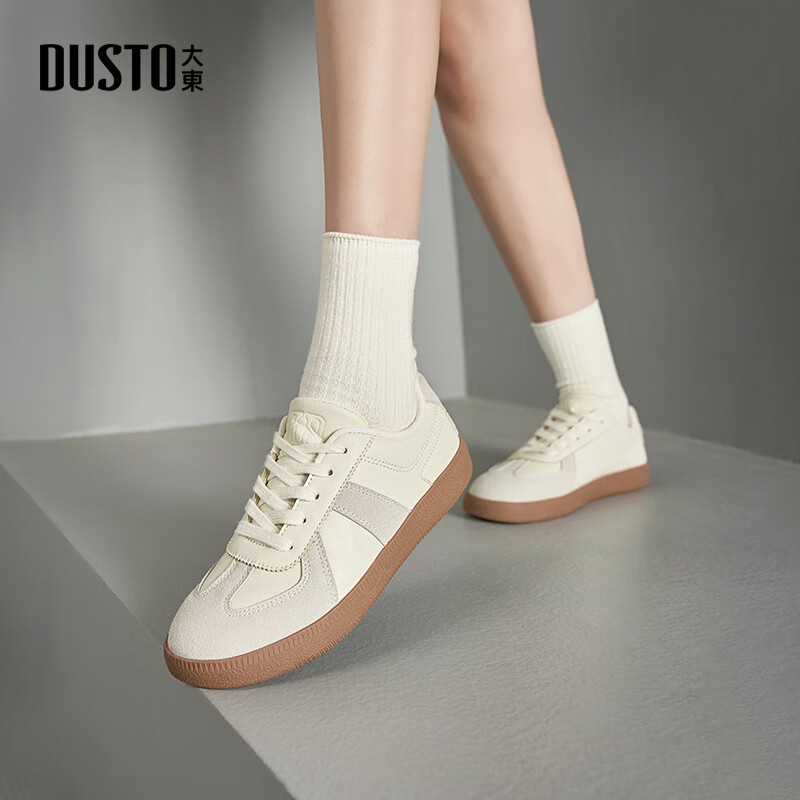 大东德训鞋女鞋2025春季新款时尚休闲拼接平底低跟系带圆头C7561 米灰色 36