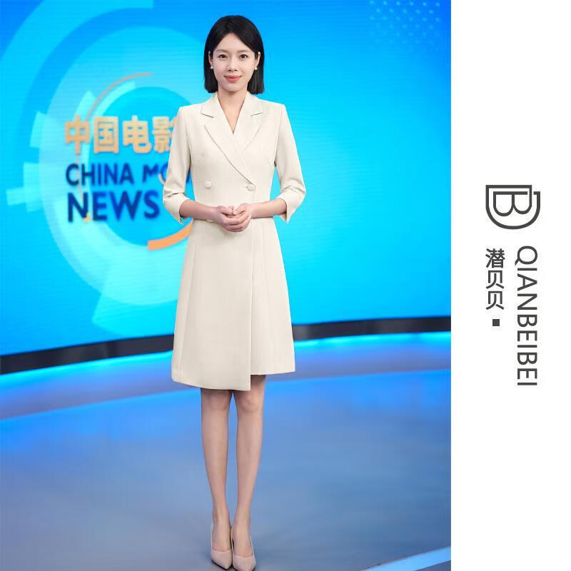 簡方位播音主持銀行工作服小西裝馮琳白色人上鏡禮服連衣裙女教師演講比 七分袖杏色連衣裙 均碼 xl