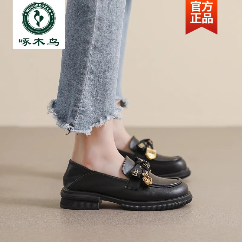 啄木鸟断码特价真皮厚底乐福鞋女2026粗跟蝴蝶结一脚蹬单鞋软底小皮鞋女 黑色 37