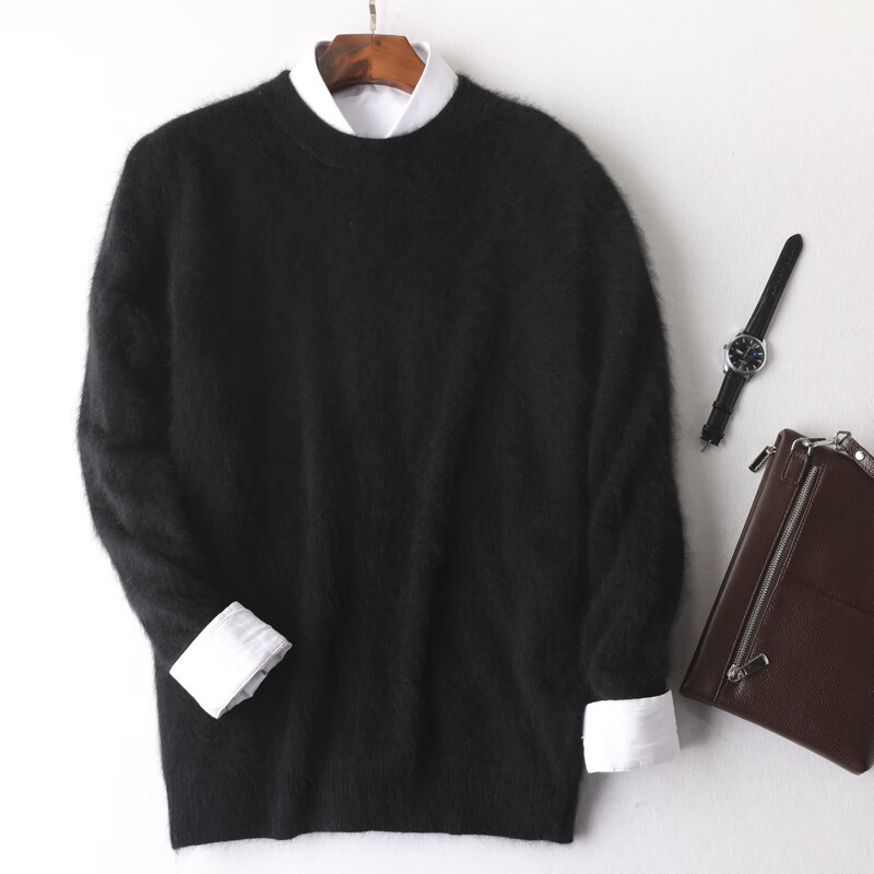衫男貂绒衫圆领套头加厚毛衣冬宽松羊毛大码打底毛衣 黑色 m170圆领