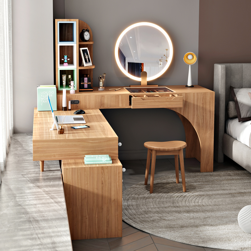 空梦实木飘窗梳妆台北欧卧室床头收纳柜一体转角书桌书柜日式化妆