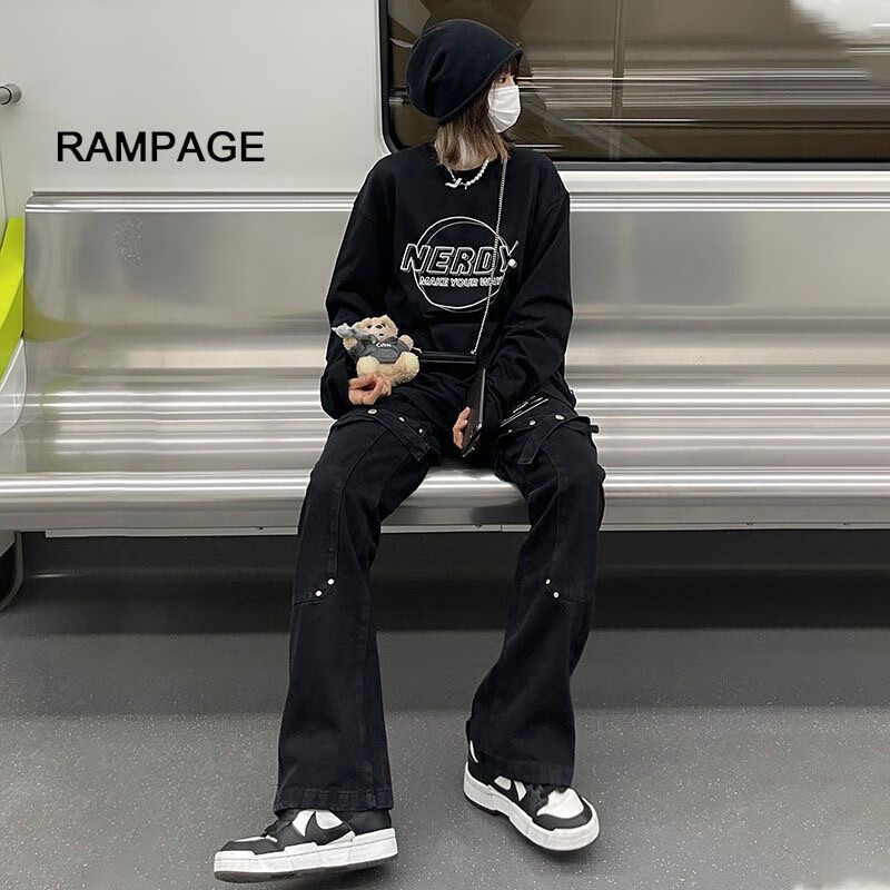 angelgonzales高档春夏港风潮牌bf复古日系多口袋宽松纯色直筒工装男