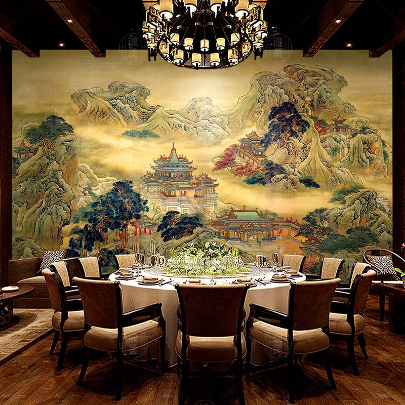懿选电视背景墙贴纸山水画 蓬莱仙境图立体墙贴新中式国画山水画仙家