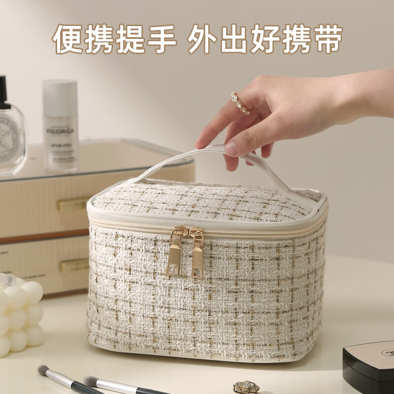 优品卫新款旅行化妆包小香风大容量高颜值手提化妆品收纳包超火多收纳袋 金丝格樱花粉
