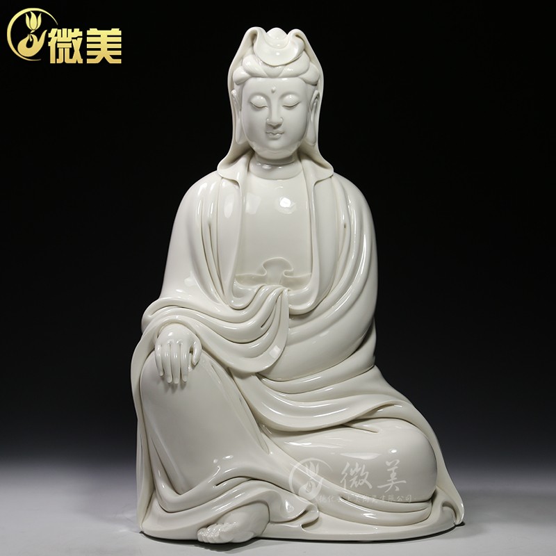 微美德化陶瓷 赖瑞攀大师15吋披坐观音像白釉菩萨佛像居家供奉摆件 15