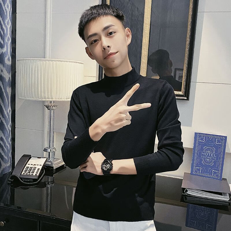 凤桐花精神小伙纯色半高领打底针织衫秋冬季年新款内搭保暖男士毛衣