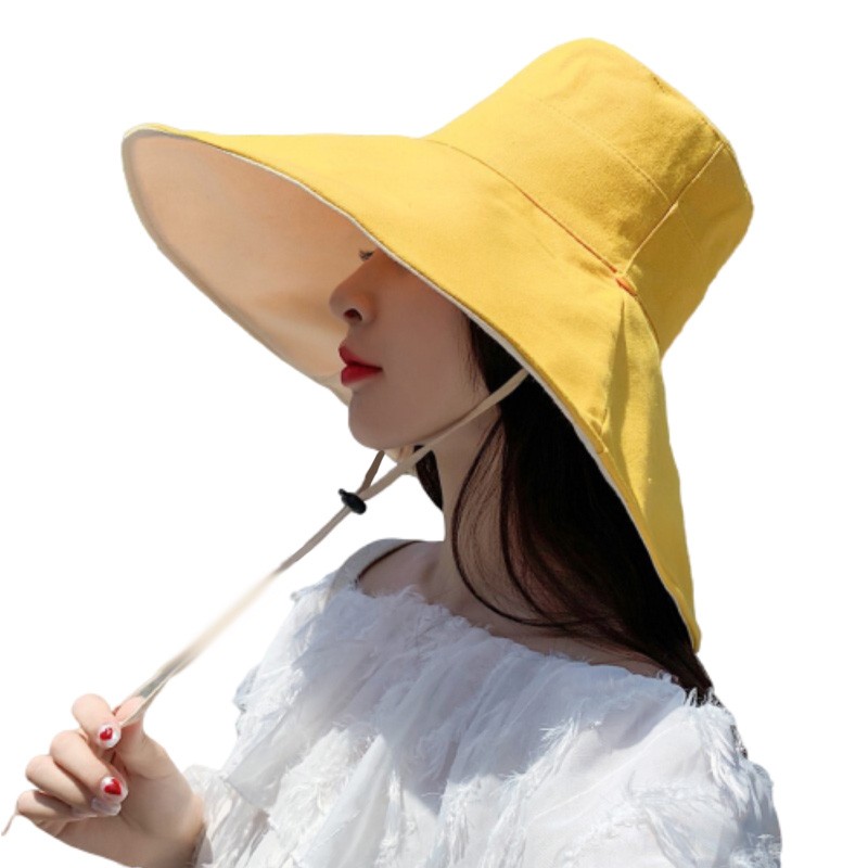 八艾 渔夫帽子女遮阳盆帽潮网红款防晒大沿帽夏季太阳帽 双面可戴-大帽檐柠檬黄