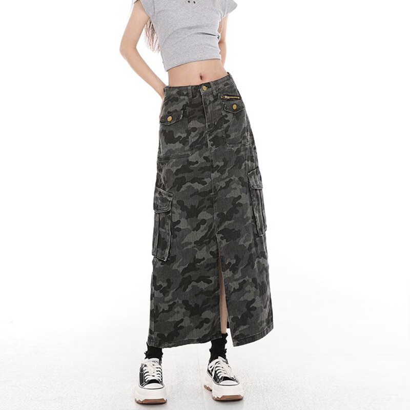 美式復(fù)古中長款迷彩牛仔半身裙女百搭牛仔迷彩裙辣妹包臀開叉裙子 迷彩色 XS
