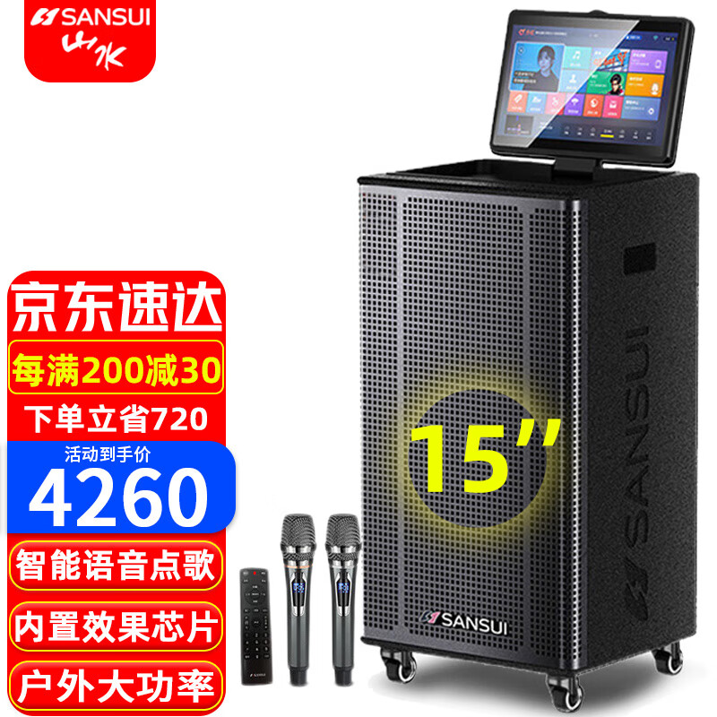 山水SANSUI E155广场舞音响户外音响大功率重低音演出音响移动音箱舞台表演蓝牙k歌演唱音箱 E155+双话筒+500G内存+监听喇叭