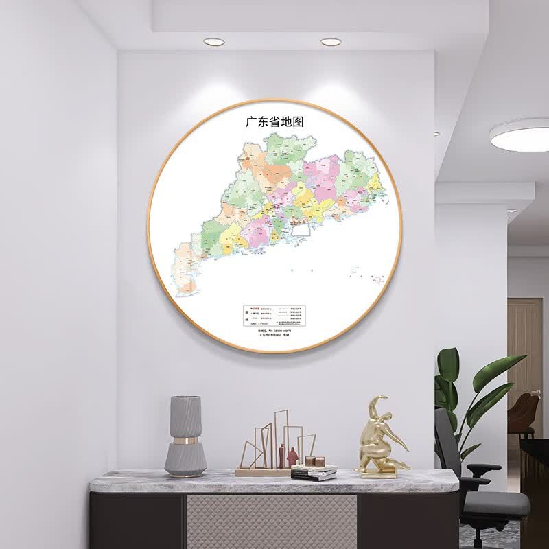 北京全国各省地图办公室书房玄关装饰画客厅餐厅背景墙画圆形挂画 广东省地图-QY-004895 镜面水晶画+60*60+金色铝合金画框