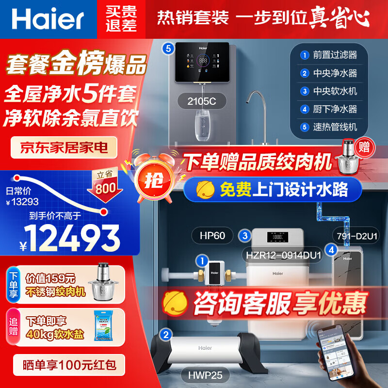 海尔中央软水机 家用全屋净水软水系统套装软化机滤水器别墅公寓全自动除垢中央净水器水处理净化设备 软水机1000Gpro五件豪华套餐