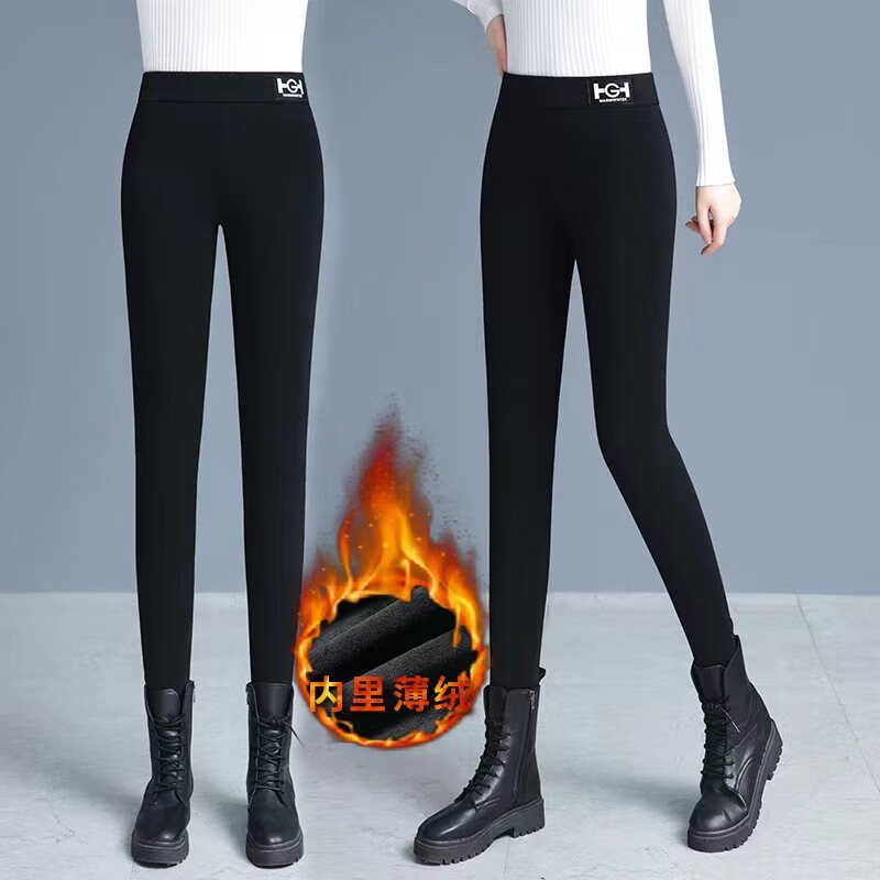 帕曼尼秋冬打底裤女加绒加厚保暖新款外穿高腰小脚裤黑色长裤子 黑色
