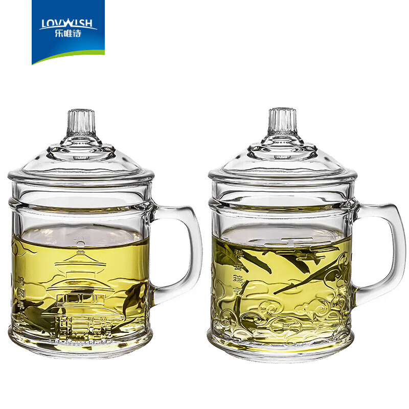 乐唯诗（LOVWISH）加厚耐热玻璃茶杯 带盖茶饮杯盖杯 带把杯子办公家用喝水杯泡茶杯 宫廷+祥云【茶饮杯】350ml2只