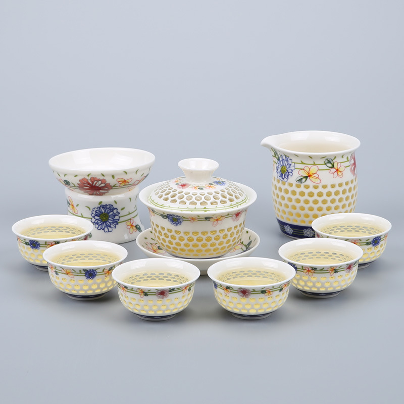 刘潮布南金功夫茶具 青花玲珑镂空薄胎茶具蜂窝蜂巢茶具热 春意盎然