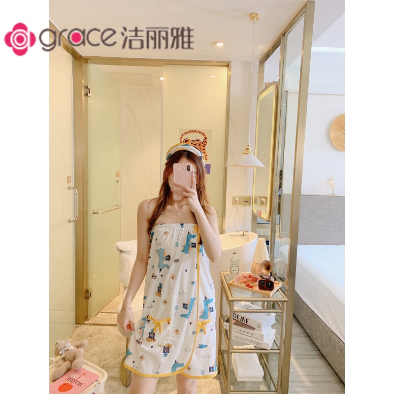 潔麗雅 GRACE新款夏天浴巾女成人性感浴裙抹胸吸水柔軟浴袍女舒適家居服帶 鱷魚 帶頭巾 均碼80-130斤具體視身高而定