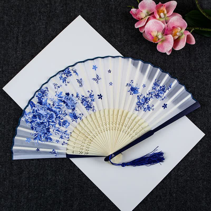 桦帆扇子折扇中国风女式古风流苏夏季随身古典古装古代汉服折叠 青花