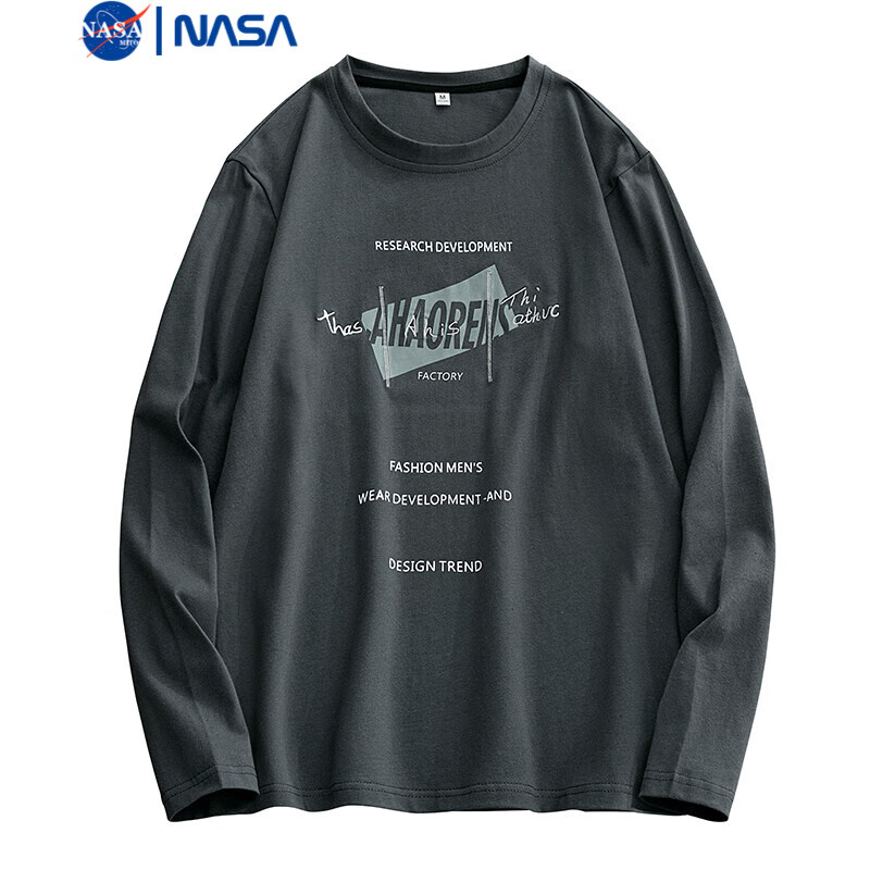 NASAMITOO纯棉字母长袖T恤男2024秋季新款休闲简约百搭圆领上衣 深灰色 XL