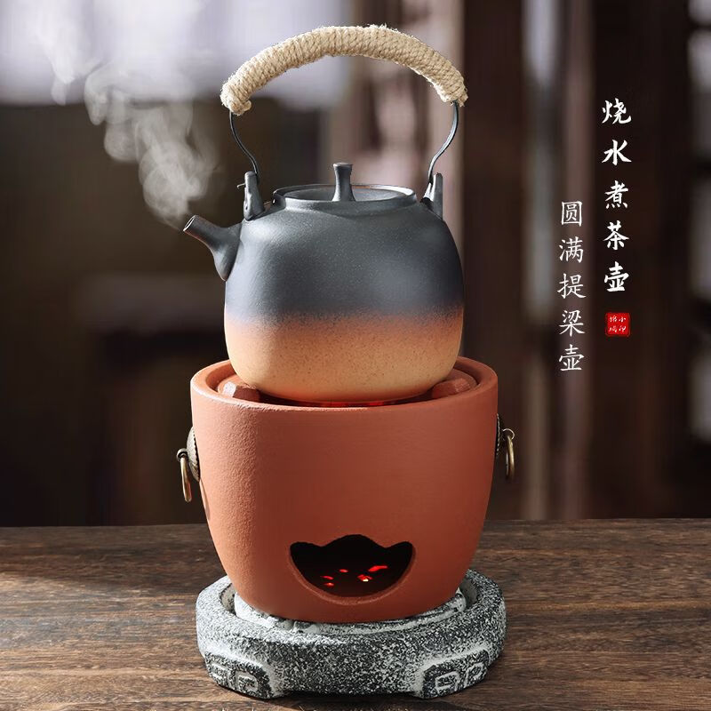 棉小城潮州明火陶壶提梁壶耐热加厚煮黑茶烧水陶瓷壶大容量复古泡茶壶 750ml圆满提梁壶+藤垫 750ml