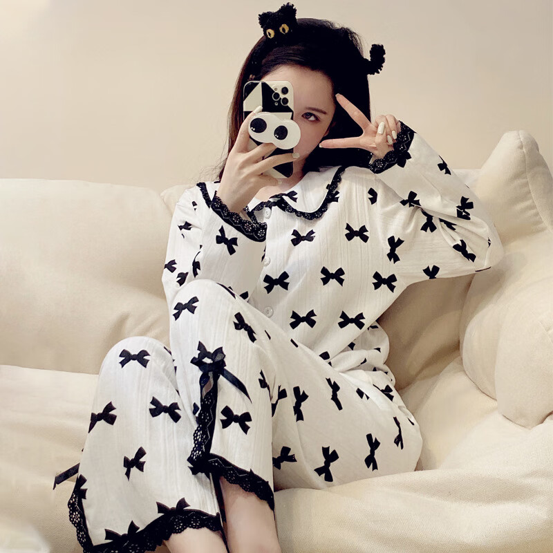 狮奥利兴罗丽丝睡衣春秋季棉长袖韩版简约女士宽松家居服睡衣 ym21462