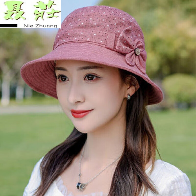 太阳帽遮脸遮阳帽女中老年人渔夫帽女士盆帽 扣子圆花遮阳帽-玫红色