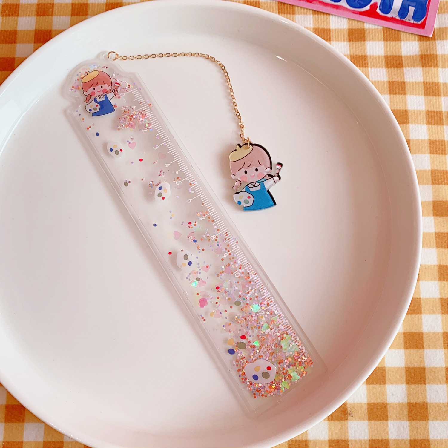 两把装15厘米可爱流沙尺卡通少女心直尺儿童入油流沙书签多功能格