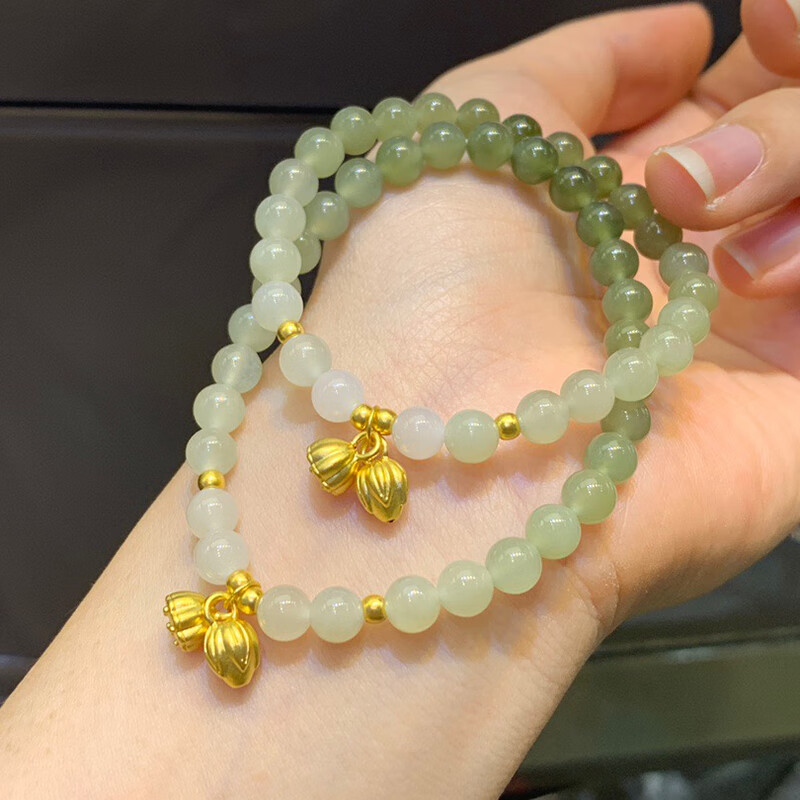 老凤祥999硬金两世欢手链女莲花莲蓬转运珠和田玉手串送女友 两 送