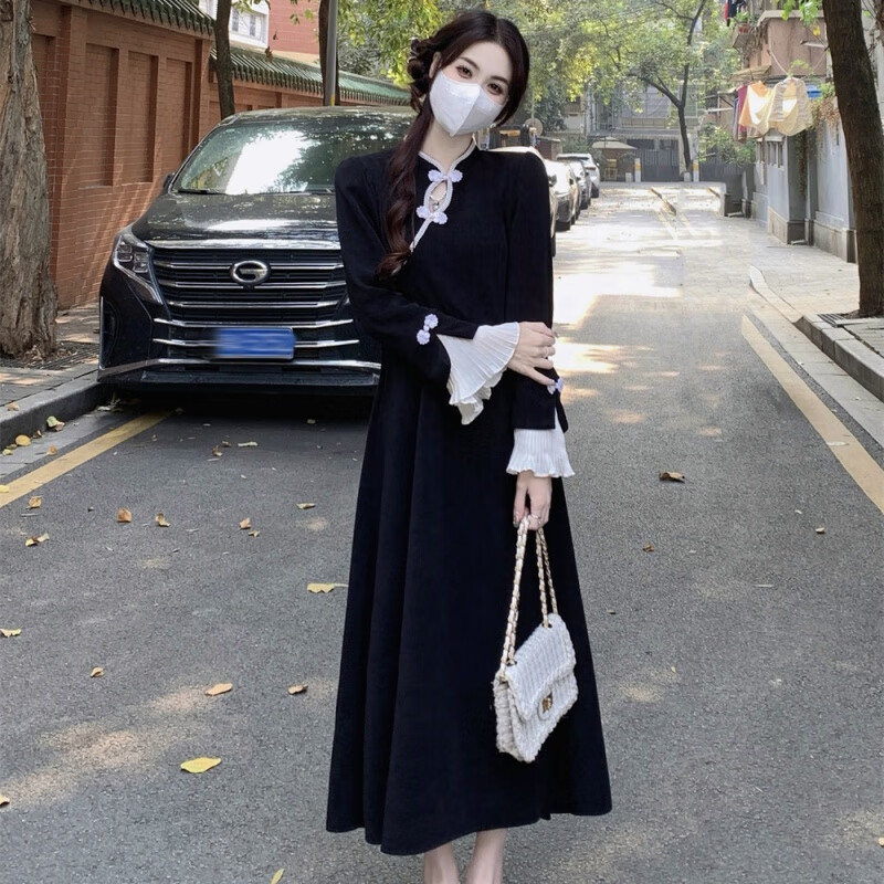 雷黛茜古风感新中式改良旗袍领红色连衣裙秋冬新年战袍收腰打底长裙 黑色 L (建议100-120斤)