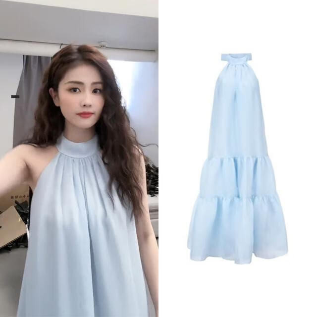 顿冉沙滩裙女海边度假长裙胖妹妹明星白鹿蓝色蝴蝶结挂脖吊带连衣裙法