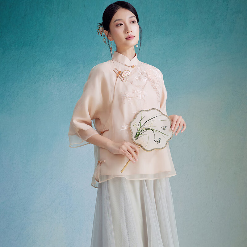 陌遇2025春夏中國風改良真絲紗繡花茶服原創(chuàng)新中式唐裝上衣品牌女裝 蘆葦 XL