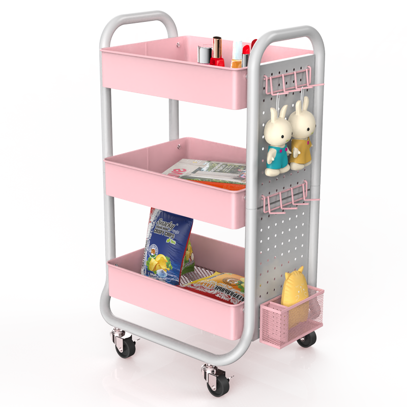 赛途（PSEAT）置物架移动书架储物收纳书房卧室电竞电脑桌带工具挂板小推车 电竞风带挂板三层铁板储物车【粉红色】