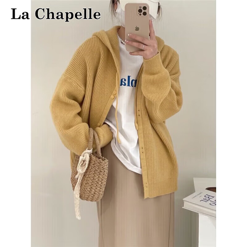 拉夏贝尔（La Chapelle）连帽针织衫女2022年冬季新款柔糯质感单排扣长袖针织开衫毛衣 黄色 均码