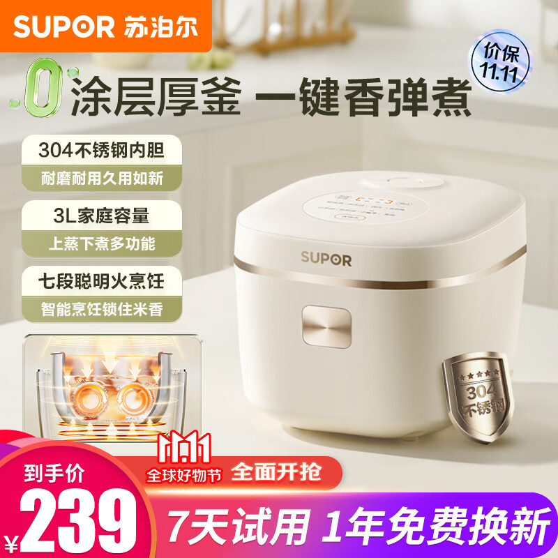 苏泊尔（SUPOR）电饭煲无涂层电饭锅家用3L大容量不锈钢内胆 0涂层电饭煲2-3-4人智能预约煮粥煮饭锅 SF30FC971怎么样,好用不?