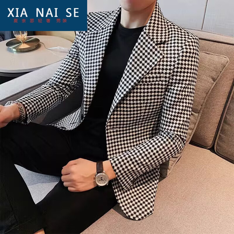 xianaise男士休闲西服千鸟格西装外套男商务修身帅气时尚单西便服格子