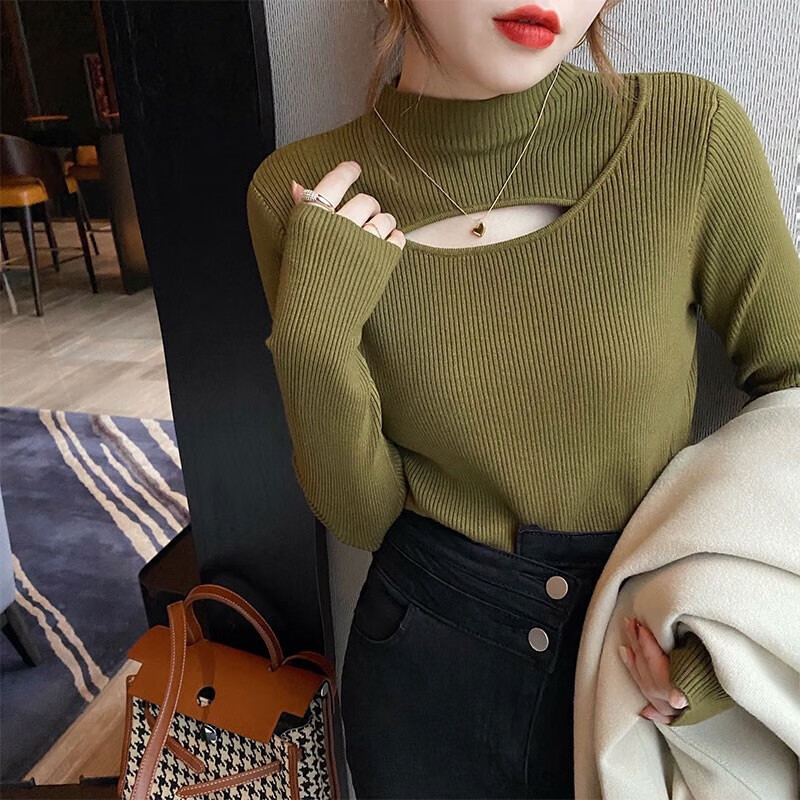 香影芬打底衫女春秋新款镂空感针织衫女时髦洋气半高领毛衣内搭上衣 杏色 XL (建议115-125斤)