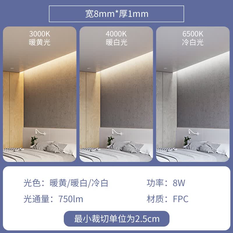 三雄极光led灯带低压24v银河超亮灯槽藏光裸版套管贴片展柜软灯带 8W/120灯/米 24V 裸板-10米装 6500K白光