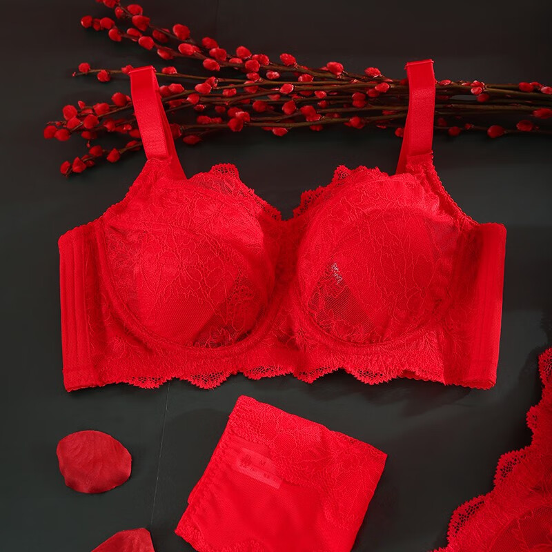 梦舒纷本命年红色内衣女属龙年结婚新娘超薄大胸显小文胸套装本历年