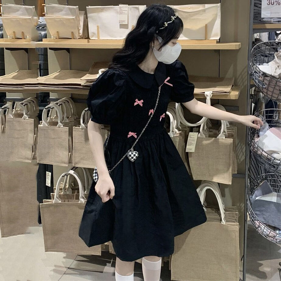 院风夏季甜美领蝴蝶结显瘦连衣裙女学生 黑色连衣裙关注店铺优先发货