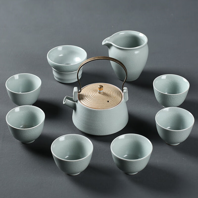 奥尔凡高端品牌汝窑茶具套装陶瓷家用提梁茶壶茶杯手绘树枝简约汝瓷