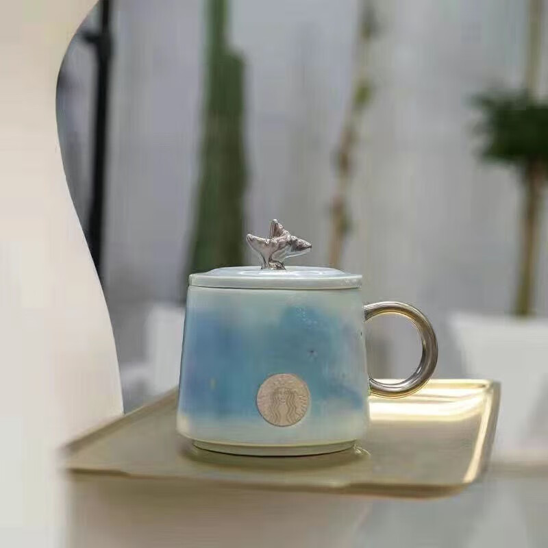 星巴克杯子梦幻星空双鱼尾马克杯人鱼铜章牌陶瓷咖啡杯带盖勺水杯礼盒